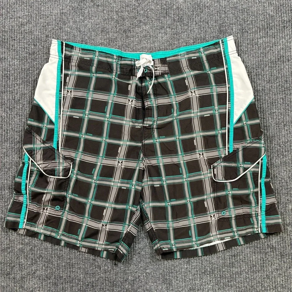 Joe Boxer Mens Swim Shorts Size XL Plaid Black Teal Drawstring Lined‎ Pockets